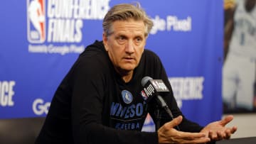 May 22, 2024; Minneapolis, Minnesota, USA; Minnesota Timberwolves head coach Chris Finch speaks in a press conference before the game against the Dallas Mavericks in game one of the western conference finals for the 2024 NBA playoffs at Target Center.