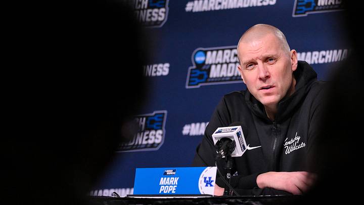 Mar 19, 2026; St. Louis, MO, USA; Kentucky Wildcats head coach Mark Pope talks with the media during a practice session ahead of the first round of the men's 2026 NCAA Tournament at Enterprise Center. Mandatory Credit: Jeff Curry-Imagn Images