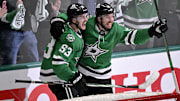 May 3, 2025; Dallas, Texas, USA; Dallas Stars center Wyatt Johnston (53) and center Matt Duchene (95) celebrate Johnston scoring the game winning goal against the Colorado Avalanche during the third period in game seven of the first round of the 2025 Stanley Cup Playoffs at American Airlines Center. Mandatory Credit: Jerome Miron-Imagn Images