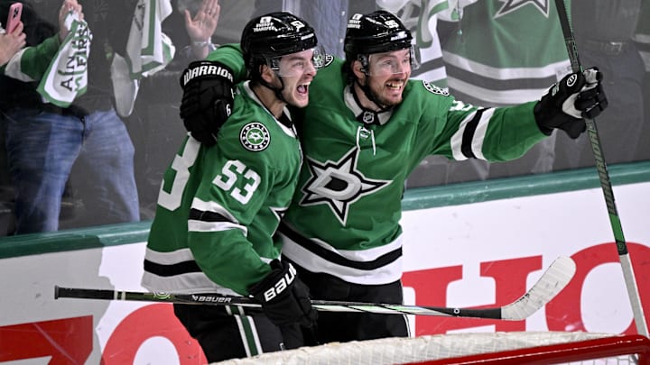 May 3, 2025; Dallas, Texas, USA; Dallas Stars center Wyatt Johnston (53) and center Matt Duchene (95) celebrate Johnston scoring the game winning goal against the Colorado Avalanche during the third period in game seven of the first round of the 2025 Stanley Cup Playoffs at American Airlines Center. Mandatory Credit: Jerome Miron-Imagn Images
