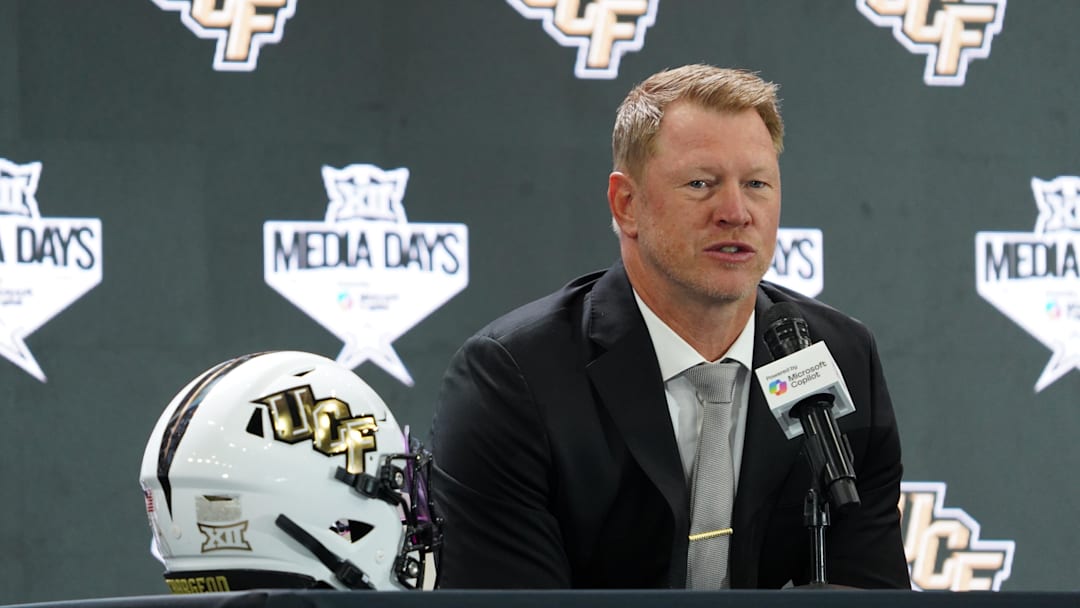 Jul 8, 2025; Frisco, TX, USA; UCF head coach Scott Frost addresses the media during 2025 Big 12 Football Media Days at The Star. Mandatory Credit: Raymond Carlin III-Imagn Images