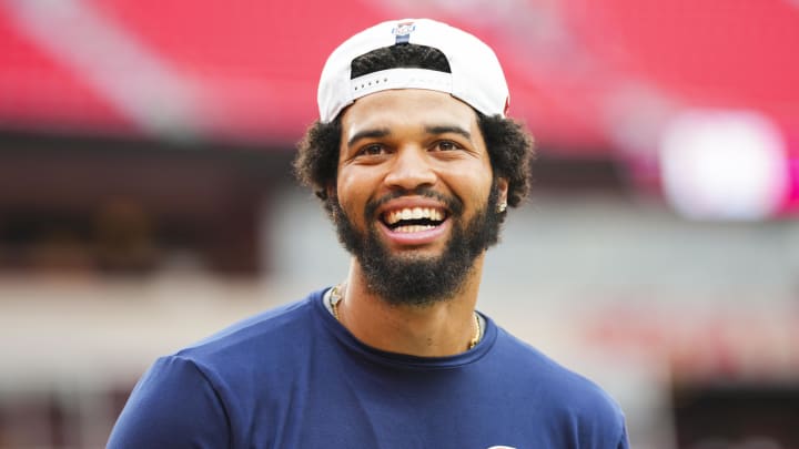 Aug 22, 2024; Kansas City, Missouri, USA; Chicago Bears quarterback Caleb Williams (18) prior to a game against the Kansas City Chiefs at GEHA Field at Arrowhead Stadium. Mandatory Credit: Jay Biggerstaff-USA TODAY Sports