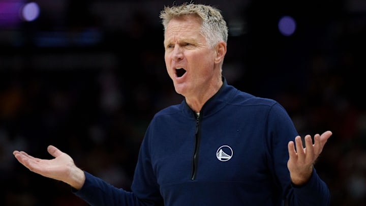 Nov 16, 2025; New Orleans, Louisiana, USA; Golden State Warriors head coach Steve Kerr reacts during the first half against the New Orleans Pelicans at Smoothie King Center. Mandatory Credit: Matthew Hinton-Imagn Images