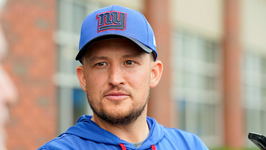 New York Giants quarterbacks coach Shea Tierney talks to reporters on day two of mandatory minicamp at the Giants training center on Wednesday, June 14, 2023, in East Rutherford.