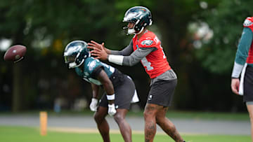 Jun 10, 2025; Philadelphia, PA, USA; Philadelphia Eagles quarterback Dorian Thompson-Robinson (14) performs a practice drill at NovaCare Complex. Mandatory Credit: Kyle Ross-Imagn Images