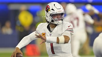Dec 28, 2024; Inglewood, California, USA;  Arizona Cardinals quarterback Kyler Murray (1) sets to pass in the first half against the Los Angeles Rams at SoFi Stadium. Mandatory Credit: Jayne Kamin-Oncea-Imagn Images