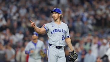 Oct 5, 2024; Bronx, New York, USA; Kansas City Royals pitcher Michael Lorenzen (24) reacts after the sixth ending against the New York Yankees during game one of the ALDS for the 2024 MLB Playoffs at Yankee Stadium. Mandatory Credit: Brad Penner-Imagn Images