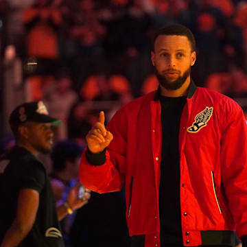 May 12, 2025; San Francisco, California, USA; Golden State Warriors guard Stephen Curry stands on the court before the start of the game against the Minnesota Timberwolves during game four of the second round for the 2025 NBA Playoffs at Chase Center. Mandatory Credit: Cary Edmondson-Imagn Images