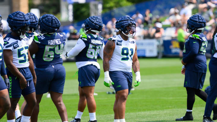 Jul 27, 2024; Renton, WA, USA; Seattle Seahawks defensive tackle Byron Murphy II (91) during training camp at Virginia Mason Athletic Center. Mandatory Credit: Steven Bisig-USA TODAY Sports