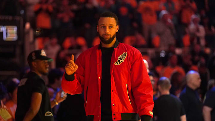 May 12, 2025; San Francisco, California, USA; Golden State Warriors guard Stephen Curry stands on the court before the start of the game against the Minnesota Timberwolves during game four of the second round for the 2025 NBA Playoffs at Chase Center. Mandatory Credit: Cary Edmondson-Imagn Images