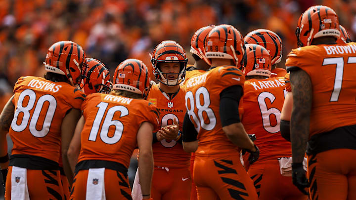 Sep 8, 2024; Cincinnati, Ohio, USA; Cincinnati Bengals quarterback Joe Burrow (9) huddles his team in the second half against the New England Patriots at Paycor Stadium. Mandatory Credit: Katie Stratman-Imagn Images