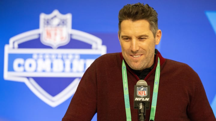 Feb 27, 2024; Indianapolis, IN, USA; Washington Commanders general manager Adam Peters talks to the media at the 2024 NFL Combine at Indiana Convention Center. Mandatory Credit: Trevor Ruszkowski-USA TODAY Sports
