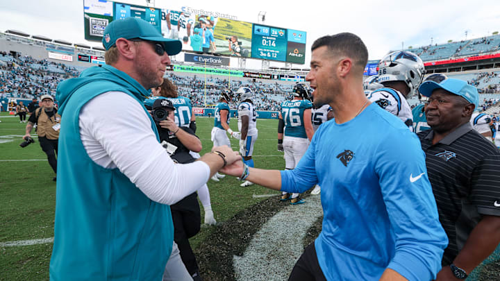 Sep 7, 2025; Jacksonville, Florida, USA; Jacksonville Jaguars head coach Liam Coen and Carolina Panthers head coach Dave Canales shake hands following the game at EverBank Stadium. Mandatory Credit: Nathan Ray Seebeck-Imagn Images Sep 7, 2025; Jacksonville, Florida, USA; Jacksonville Jaguars head coach Liam Coen and Carolina Panthers head coach Dave Canales shake hands following the game at EverBank Stadium. Mandatory Credit: Nathan Ray Seebeck-Imagn Images