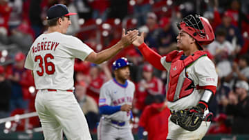 May 4, 2025; St. Louis, Missouri, USA; St. Louis Cardinals pitcher Michael McGreevy (36, left) and catcher Yohel Pozo (63) celebrate after they Cardinals defeated the Mets at Busch Stadium. Mandatory Credit: Tim Vizer-Imagn Images