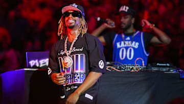 Oct 18, 2024; Lawrence, KS, USA; Recording artist Lil John performs during Late Night in the Phog at Allen Fieldhouse. Mandatory Credit: Jay Biggerstaff-Imagn Images