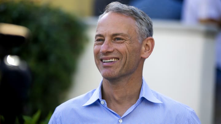 Nov 8, 2023; Scottsdale, AZ, USA; Chicago Cubs president of baseball operations Jed Hoyer speaks to the media during the MLB General Manager's Meetings at Omni Scottsdale Resort & Spa.