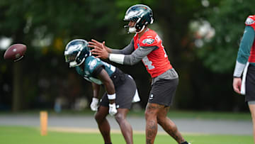 Jun 10, 2025; Philadelphia, PA, USA; Philadelphia Eagles quarterback Dorian Thompson-Robinson (14) performs a practice drill at NovaCare Complex. Mandatory Credit: Kyle Ross-Imagn Images