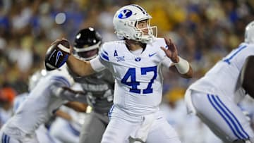 Sep 27, 2025; Boulder, Colorado, USA; Brigham Young Cougars quarterback Bear Bachmeier (47) prepares to pass in the second quarter against the Colorado Buffaloes at Folsom Field. Mandatory Credit: Ron Chenoy-Imagn Images