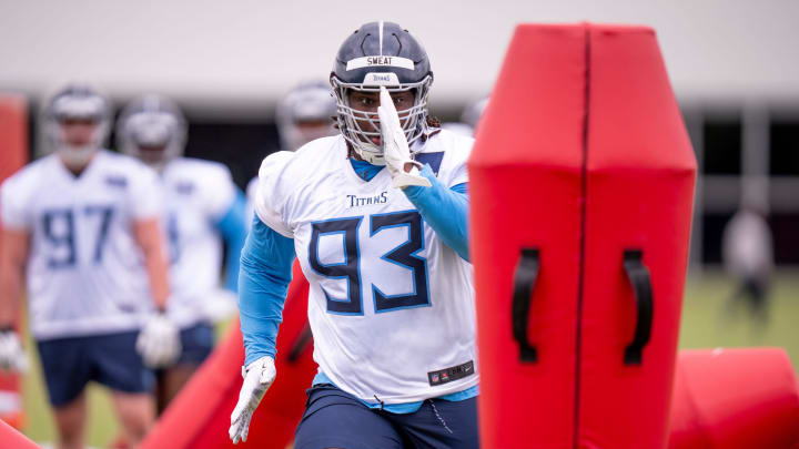 Tennessee Titans second-rounder T'Vondre Sweat participates in rookie minicamp at Ascension Saint Thomas Sports Park in Nashville, Tenn., Friday, May 10, 2024.