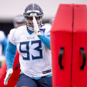 Tennessee Titans second-rounder T'Vondre Sweat participates in rookie minicamp at Ascension Saint Thomas Sports Park in Nashville, Tenn., Friday, May 10, 2024.