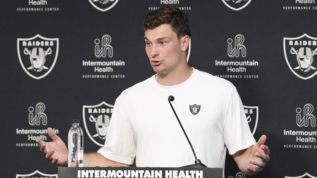 May 2, 2026; Henderson, NV, USA;  Las Vegas Raiders quarterback Fernando Mendoza (15) speaks during a news conference at the team’s Rookie Minicamp at Intermountain Health Performance Center. Mandatory Credit: Candice Ward-Imagn Images