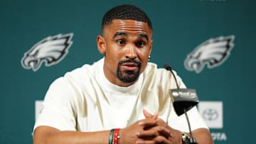 Philadelphia Eagles quarterback Jalen Hurts addresses NFL media during a press conference at NovaCare Complex