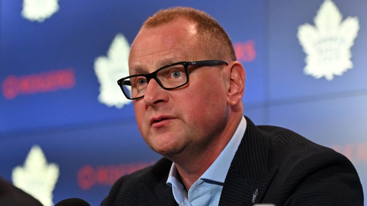 Jun 1, 2023; Toronto, Ontario, CANADA; Toronto Maple Leafs new general manager Brad Treliving is introduced at a press conference at Scotiabank Arena. Mandatory Credit: Dan Hamilton-USA TODAY Sports