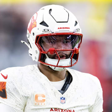 Sep 25, 2025; Glendale, Arizona, USA; Arizona Cardinals quarterback Kyler Murray (1) against the Seattle Seahawks at State Farm Stadium. Mandatory Credit: Mark J. Rebilas-Imagn Images