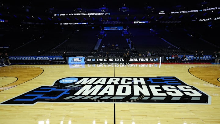 March madness graphics at center court before a practice session ahead of the first round of the men's 2026 NCAA Tournament at Xfinity Mobile Arena. 