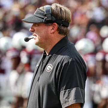 Nov 8, 2025; Starkville, Mississippi, USA; Georgia Bulldogs head coach Kirby Smart looks on against the Mississippi State Bulldogs during the first half at Davis Wade Stadium at Scott Field. Mandatory Credit: Wesley Hale-Imagn Images