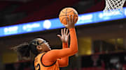 Oklahoma State's Stailee Heard shoots against Texas Tech in a Big 12 women's basketball game Saturday, Jan. 25, 2025, at United Supermarkets Arena.