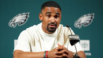 Jun 10, 2025; Philadelphia, PA, USA; Philadelphia Eagles quarterback Jalen Hurts (1) addresses media during a press conference at NovaCare Complex. Mandatory Credit: Kyle Ross-Imagn Images