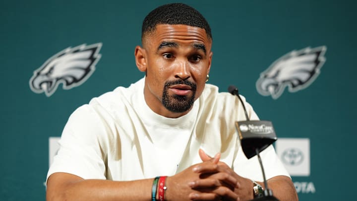 Jun 10, 2025; Philadelphia, PA, USA; Philadelphia Eagles quarterback Jalen Hurts (1) addresses media during a press conference at NovaCare Complex. Mandatory Credit: Kyle Ross-Imagn Images
