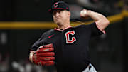 Aug 20, 2025; Phoenix, Arizona, USA; Cleveland Guardians pitcher Parker Messick (77) throws against the Arizona Diamondbacks in the first inning at Chase Field. Mandatory Credit: Rick Scuteri-Imagn Images