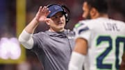 Dec 7, 2025; Atlanta, Georgia, USA; Seattle Seahawks head coach Mike MacDonald on the sideline against the Atlanta Falcons in the third quarter at Mercedes-Benz Stadium. Mandatory Credit: Brett Davis-Imagn Images