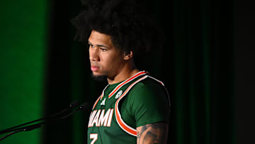 Oct 8, 2025; Charlotte, NC, USA; Miami player Tre Donaldson answers questions from the media at The Hilton Charlotte Uptown. Mandatory Credit: William Howard-Imagn Images