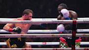 Canelo Alvarez and Terence Crawford box during their super middleweight title bout at Allegiant Stadium