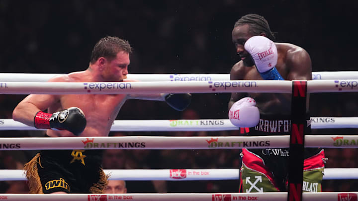Canelo Alvarez and Terence Crawford box during their super middleweight title bout at Allegiant Stadium Canelo Alvarez and Terence Crawford box during their super middleweight title bout at Allegiant Stadium