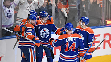 Edmonton Oilers centre Ryan Nugent-Hopkins (93) celebrates a goal with Oilers