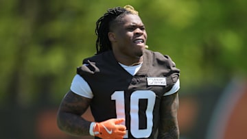 May 10, 2025; Berea, OH, USA; Cleveland Browns running back Quinshon Judkins (10) during rookie minicamp at CrossCountry Mortgage Campus. Mandatory Credit: Ken Blaze-Imagn Images