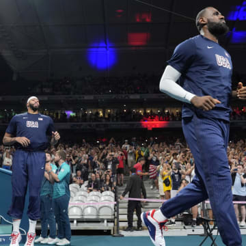 Jul 31, 2024; Villeneuve-d'Ascq, France;  United States forward Lebron James (6) takes the floor before a game against South Sudan during the Paris 2024 Olympic Summer Games at Stade Pierre-Mauroy. Mandatory Credit: John David Mercer-USA TODAY Sports