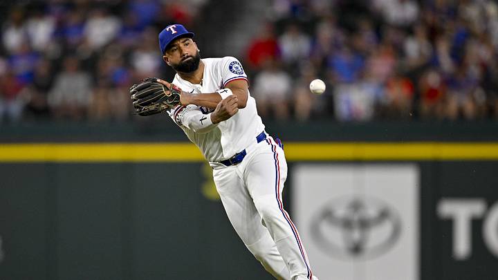 Jun 18, 2026; Arlington, Texas, USA; Texas Rangers shortstop Ezequiel Duran (20) throws out Minnesota Twins center fielder Byron Buxton (not pictured) during the second inning at Globe Life Field. Mandatory Credit: Jerome Miron-Imagn Images