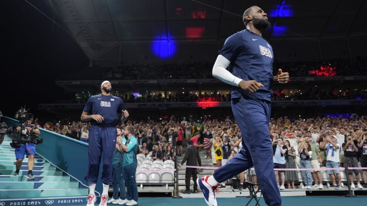 Jul 31, 2024; Villeneuve-d'Ascq, France;  United States forward Lebron James (6) takes the floor before a game against South Sudan during the Paris 2024 Olympic Summer Games at Stade Pierre-Mauroy. Mandatory Credit: John David Mercer-USA TODAY Sports