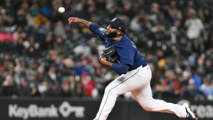 Seattle Mariners relief pitcher Diego Castillo (63) pitches to the Los Angeles Angels during the seventh inning at T-Mobile Park in 2023.