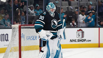 Dec 19, 2024; San Jose, California, USA;  San Jose Sharks goaltender Yaroslav Askarov (30) warms up before the game against the Colorado Avalanche at SAP Center at San Jose. Mandatory Credit: David Gonzales-Imagn Images
