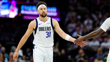 Apr 16, 2025; Sacramento, California, USA; Dallas Mavericks guard Klay Thompson (31) celebrates with teammates after scoring a basket during the second quarter against the Sacramento Kings at Golden 1 Center. Mandatory Credit: Sergio Estrada-Imagn Images