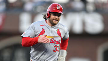Sep 23, 2025; San Francisco, California, USA; St. Louis Cardinals second baseman Brendan Donovan (33) runs to third base against the San Francisco Giants during the first inning at Oracle Park. Mandatory Credit: Eakin Howard-Imagn Images