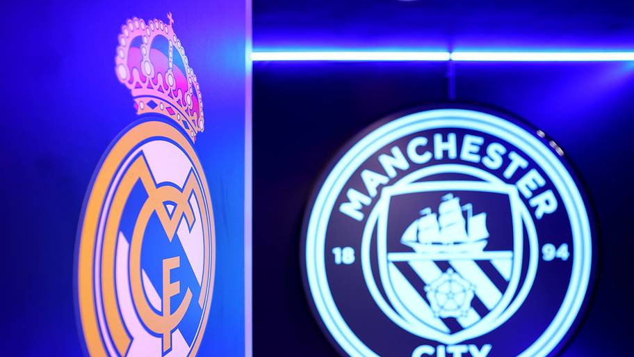 Real Madrid and Manchester City badges.