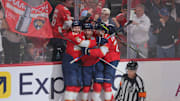 Jun 9, 2025; Sunrise, Florida, USA; Florida Panthers forward Sam Bennett (9) celebrates scoring during the second period against the Edmonton Oilers in game three of the 2025 Stanley Cup Final at Amerant Bank Arena. 