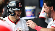 Jul 24, 2025; Cleveland, Ohio, USA; Cleveland Guardians left fielder Steven Kwan (38) celebrates with catcher Austin Hedges (27) after hitting a home run during the fifth inning against the Baltimore Orioles at Progressive Field. Mandatory Credit: Ken Blaze-Imagn Images